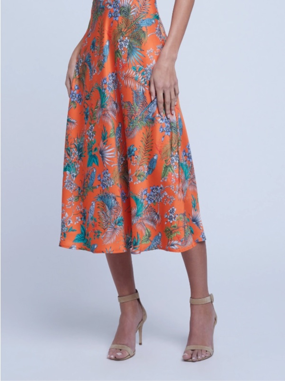 L'AGENCE Orange clarisa parrot Tropical Floral Midi Skirt - EUC
